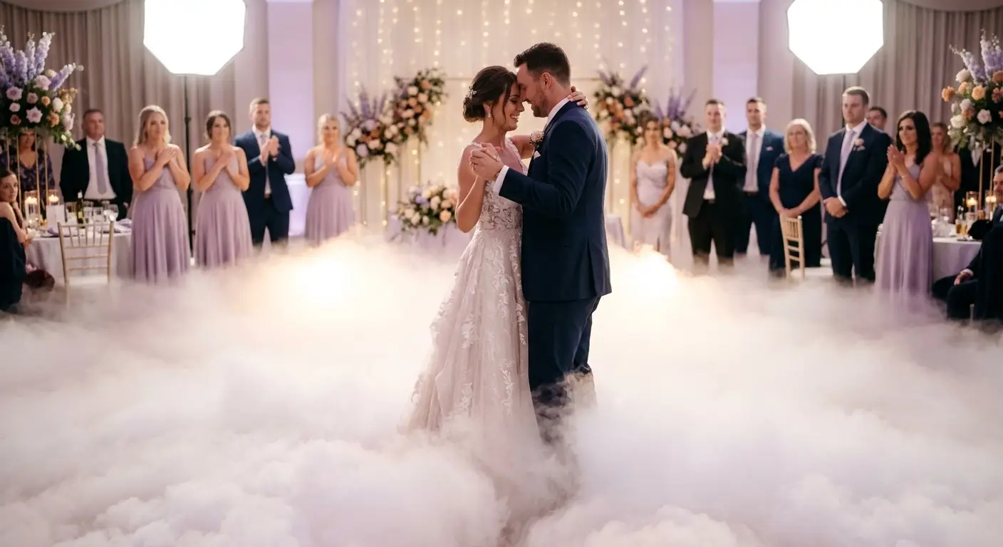 Dancing on a cloud first-dance effect, couple dancing on low-fog floor